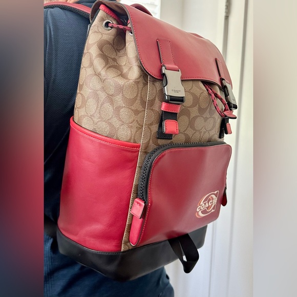 COACH TRACK COLORBLOCK SIGNATURE KHAKI CANVAS RED LEATHER LOGO STAMP BACKPACK - Picture 10 of 13